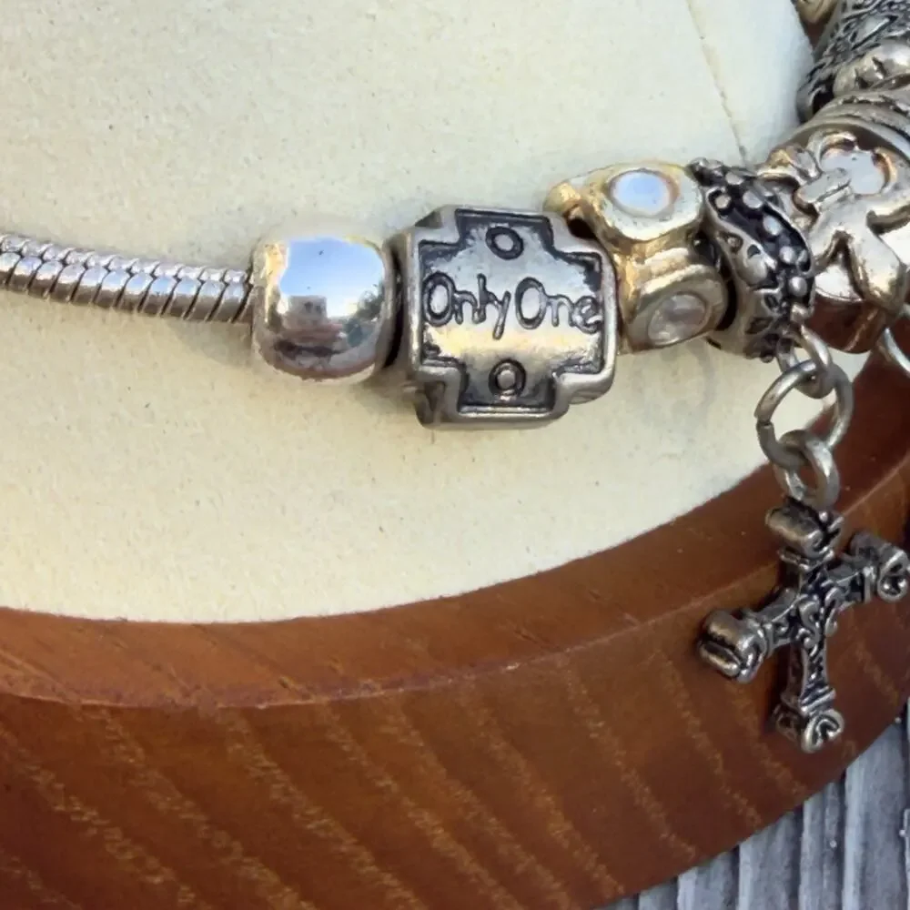 Christian Cross Charm Bracelet, Heart Clasp, Dangle Charms, 